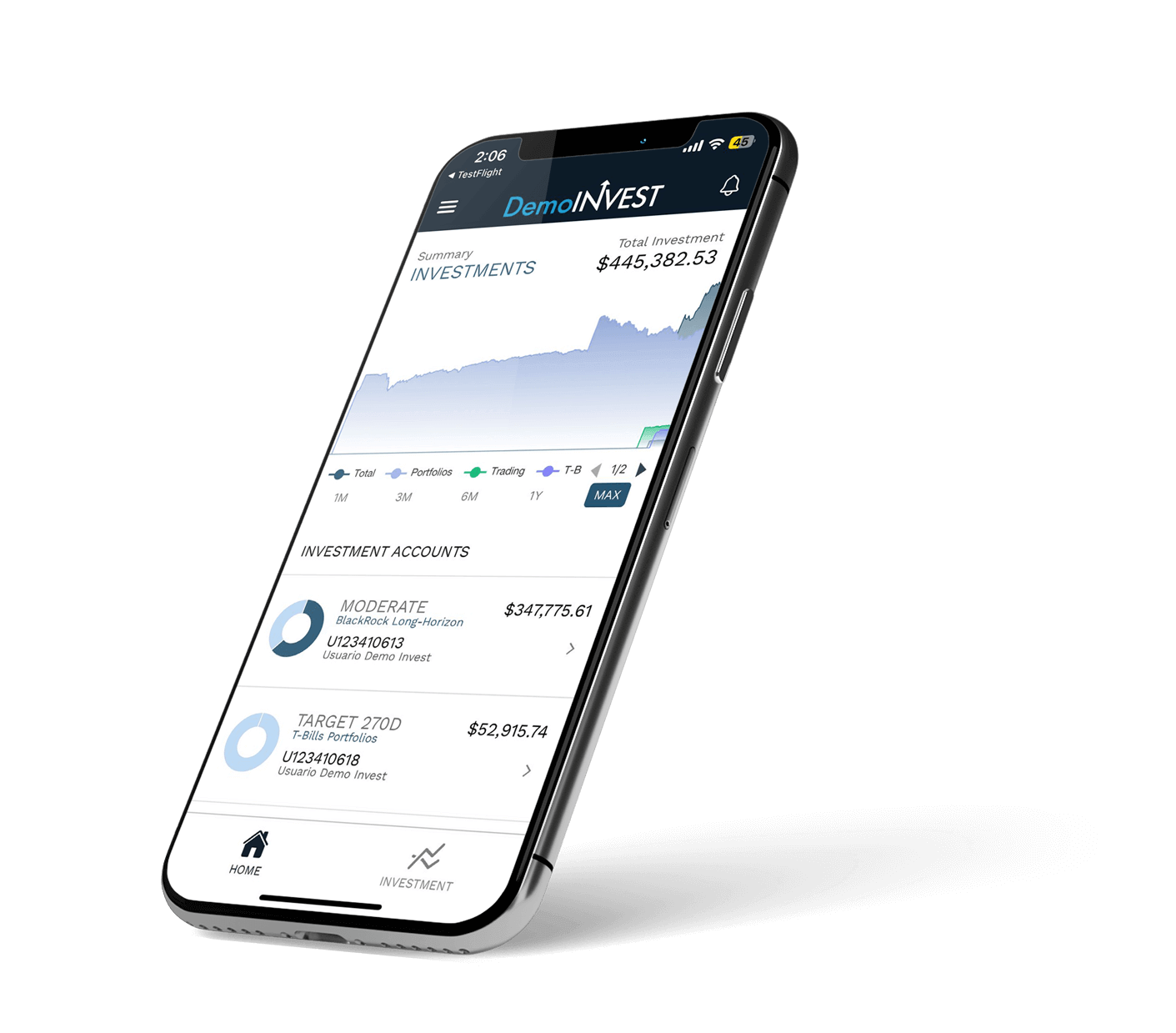 Pantalla de aplicación móvil mostrando el resumen de portafolios e inversiones con gráficos de rendimiento