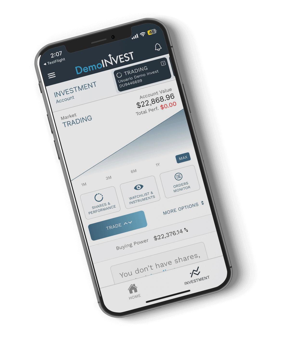 Interfaz de aplicación móvil de trading con valor de cuenta, rendimiento y opciones para operar y monitorear órdenes