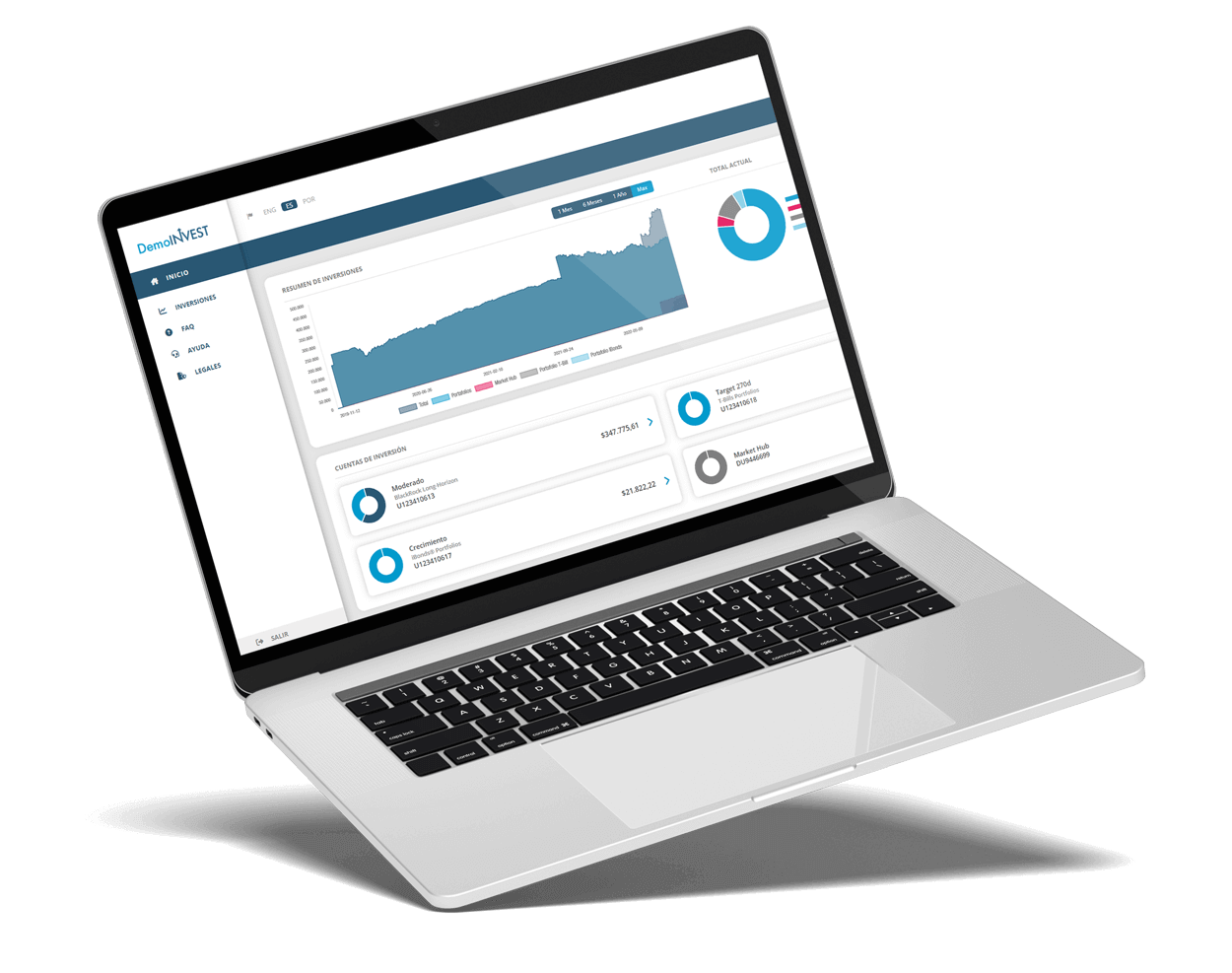 Pantalla de laptop mostrando el panel general de la plataforma de inversiones con gráficos de rendimiento y resumen de cuentas